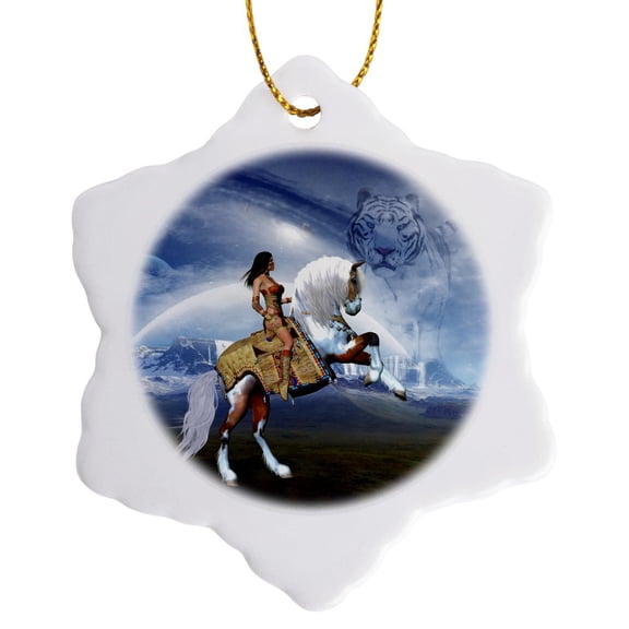 3drose, a Beautiful Native Girl Riding with Her Stallion to Freedom, 3 inch Snowflake Porcelain Ornament