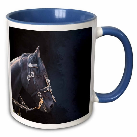 3drose, a Beautiful Painting Black Friesian Horse Portrait, 15oz Two-tone Blue Mug