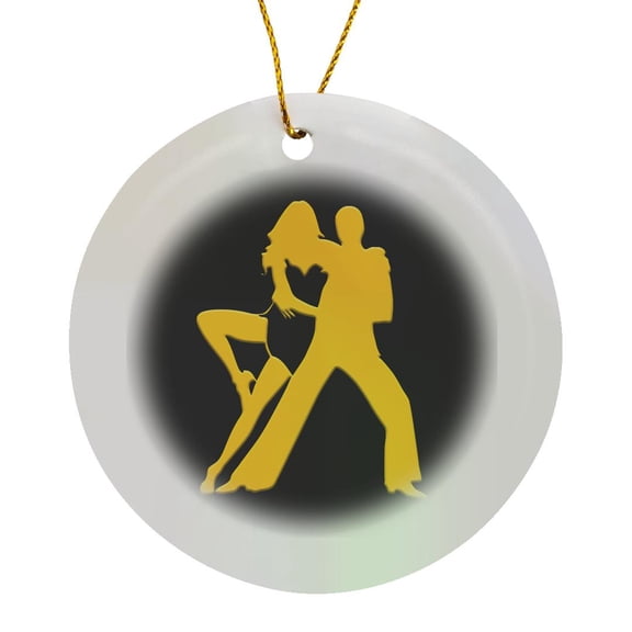 3drose, a Beautiful Pair of Dancers. Yellow Silhouettes, Black Background, Circle Porcelain Ornament