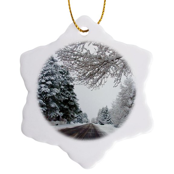 3drose, a Beautiful Winter Scene on the Main Street of Pine Valley Utah, 3 inch Snowflake Porcelain Ornament