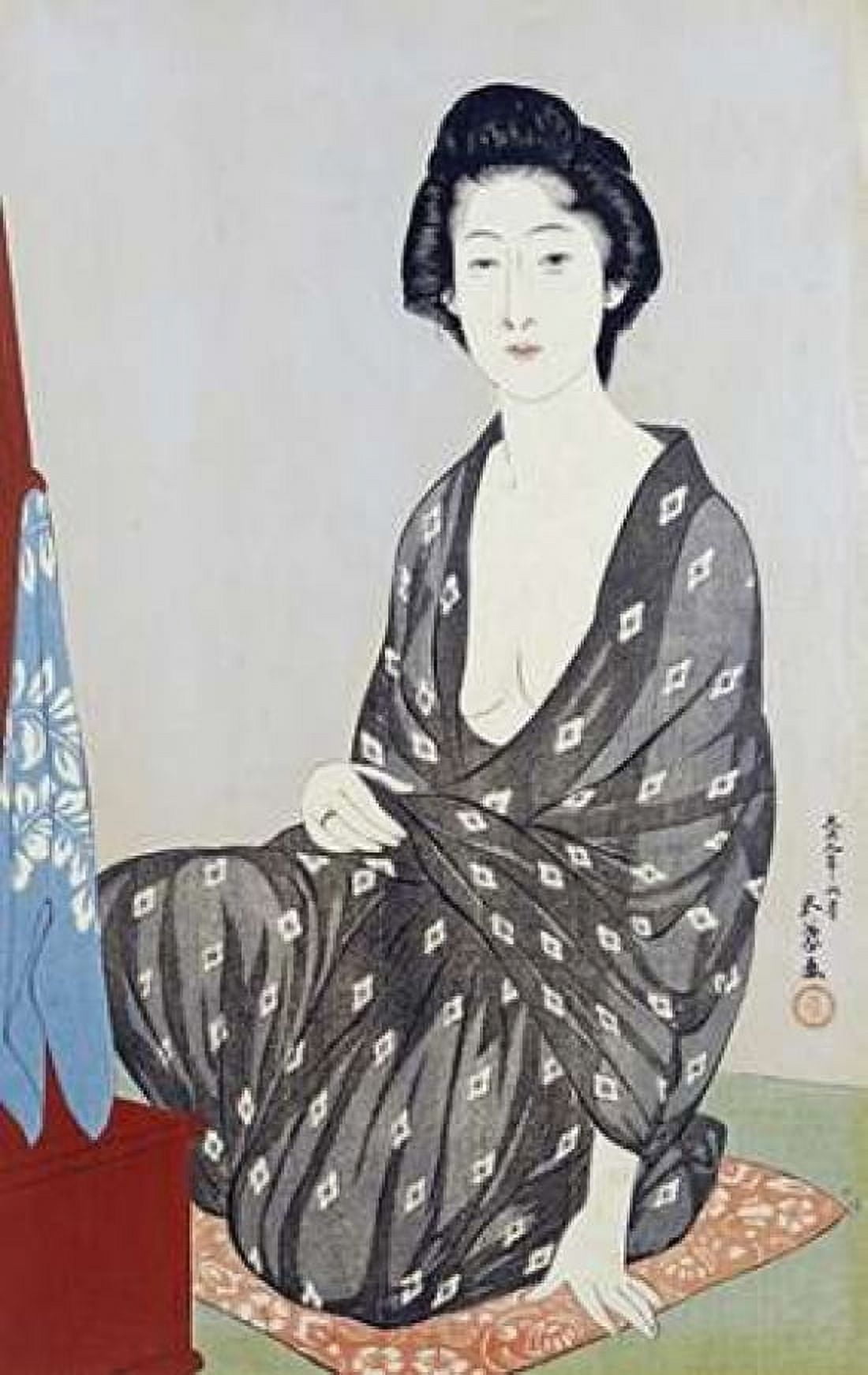 A Beauty In a Black Kimono Canvas Art - Hashiguichi Goyo (12 x 18)