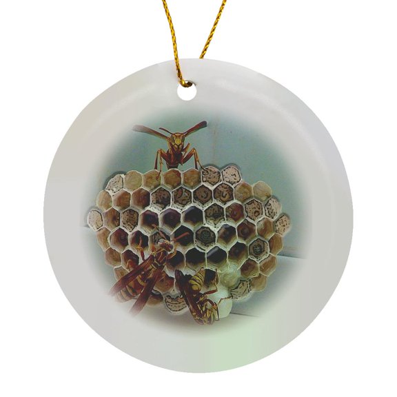 3drose, a Bees Nest up Close with Three Bees Working on It with a Mint Colored Backdrop, Circle Porcelain Ornament