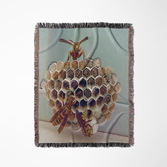 A Bees Nest Up Close With Three Bees Working On It With A Mint Colored Backdrop, Woven Blanket