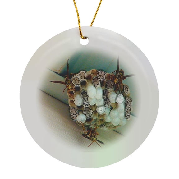 3drose, a Bees Nest up Close with Three Working Bees on It, Circle Porcelain Ornament