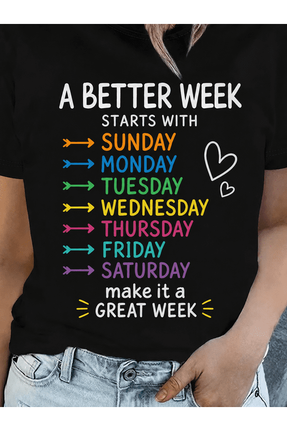 A Better Week Starts With Sunday Graphic T-Shirt, Inspirational Colorful Days of the Week Tee, Casual Positive Message Shirt for Women