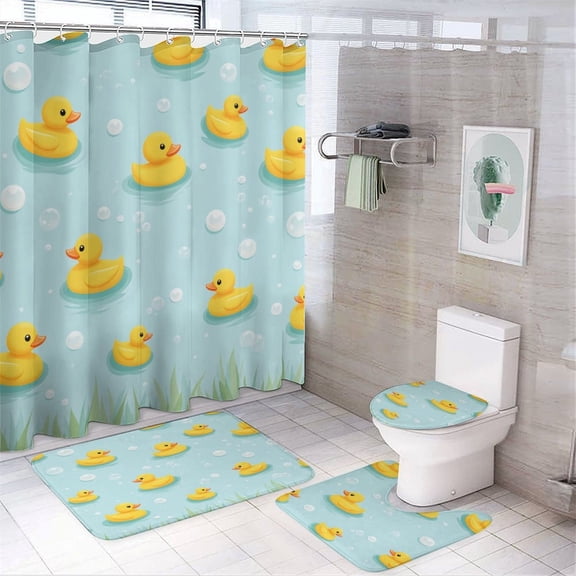 A Big Bunch of Yellow Rubber Ducks Shower Curtain Bathroom Sets Toilet Lid Rug, Rugs Mat Bath Mat And Contour Mat, Shower Curtain 4Pcs
