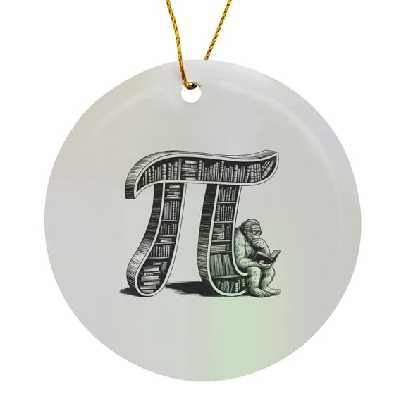 3drose, a Bigfoot Sits on a Symbol Pi and Reads Math Book Funny Gift for All, Circle Porcelain Ornament