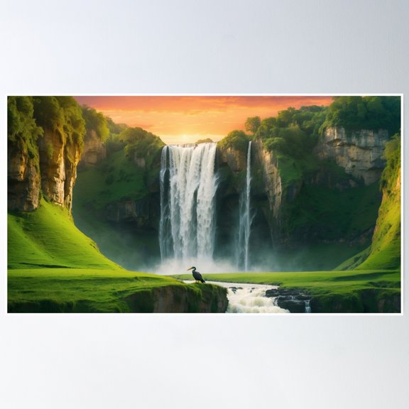 A Bird In Front Of A Waterfall Poster Wall Art, Modern Wall Decor, 8x12 UNFRAMED