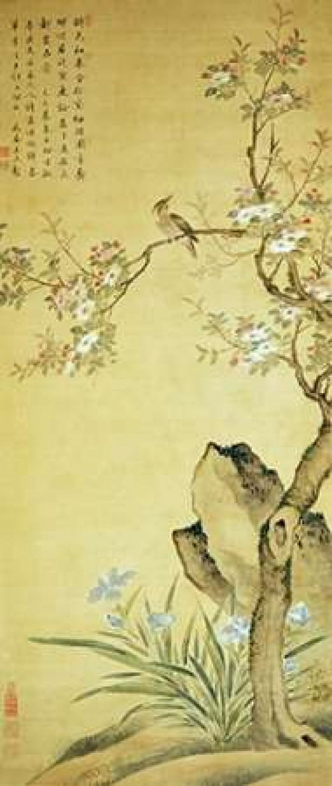 A Bird Standing On a Peach Blossom Tree Canvas Art - Wang Wu (24 x 48)