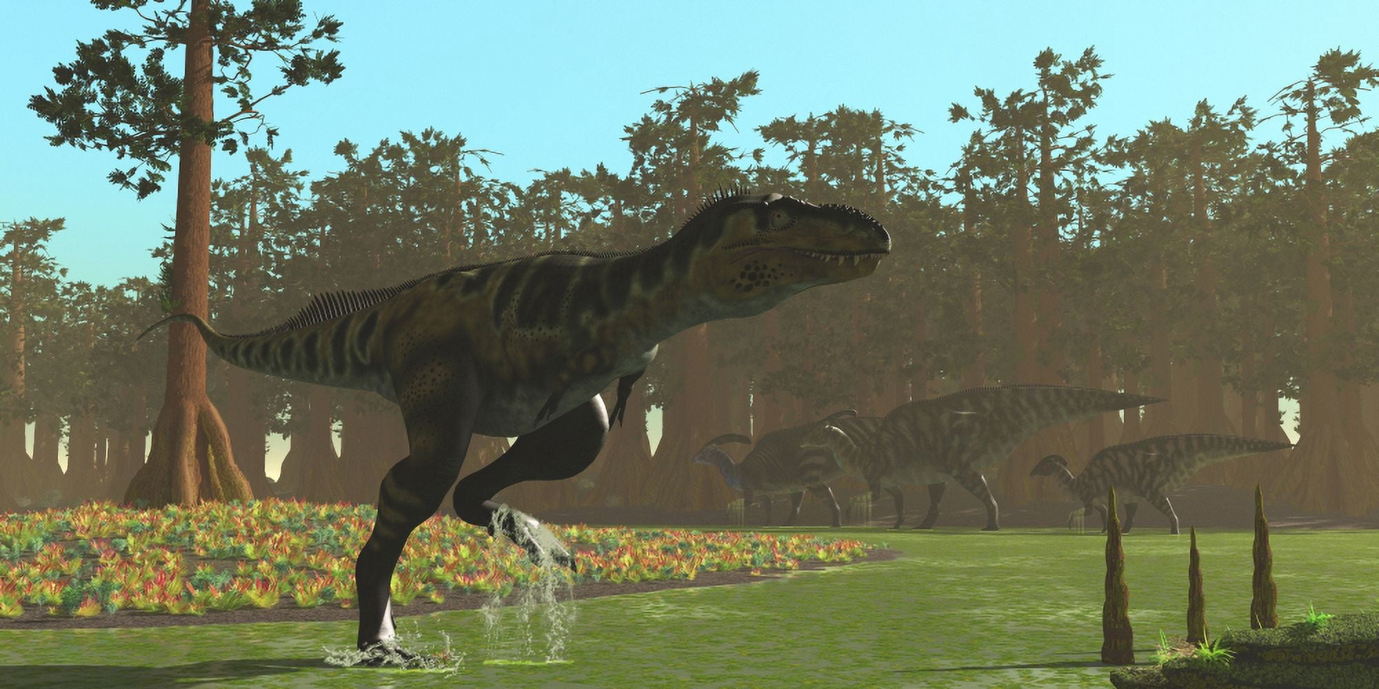 A Bistahieversor splashes through a swampy area Canvas Art - Corey FordStocktrek Images (20 x 10)