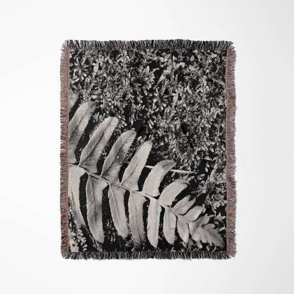 A Black And White Macro Photograph Of A Fern Leaf Laying On Moss., Woven Blanket