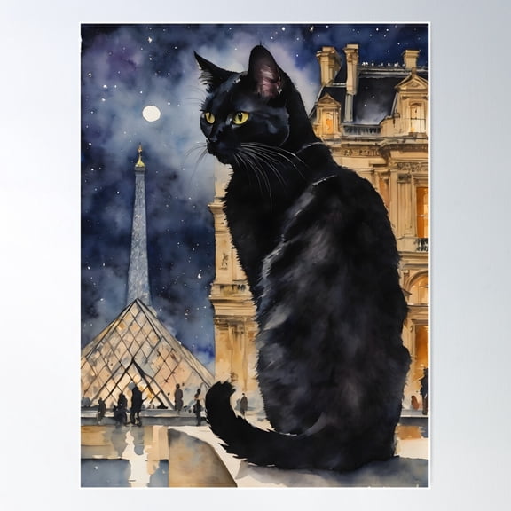 A Black Cat Visits The Louvre In Paris On A Full Moon Poster Wall Art, Modern Wall Decor For Living Room Bedroom, 12x18 UNFRAMED