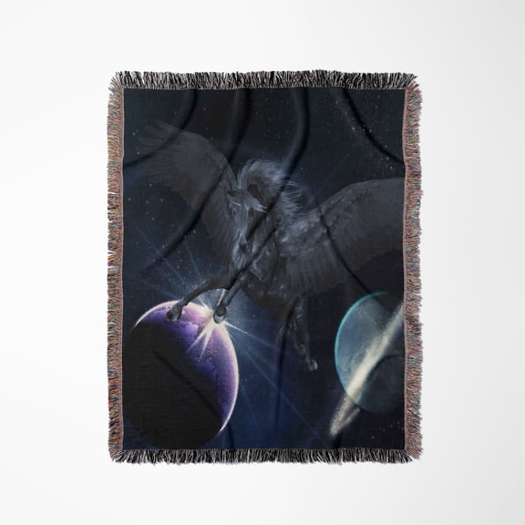A Black Pegasus Flies Through The Space, Woven Blanket