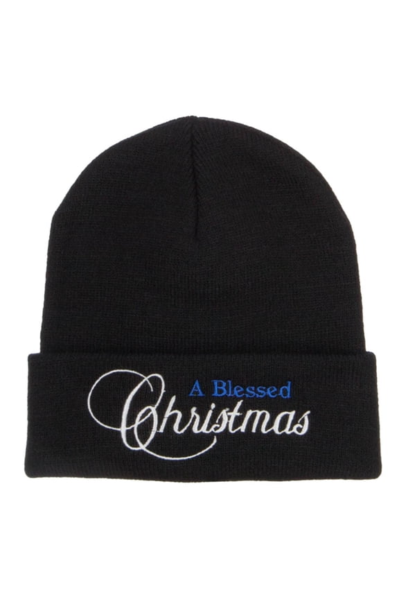 A Blessed Christmas Embroidered Long Beanie - Black OSFM