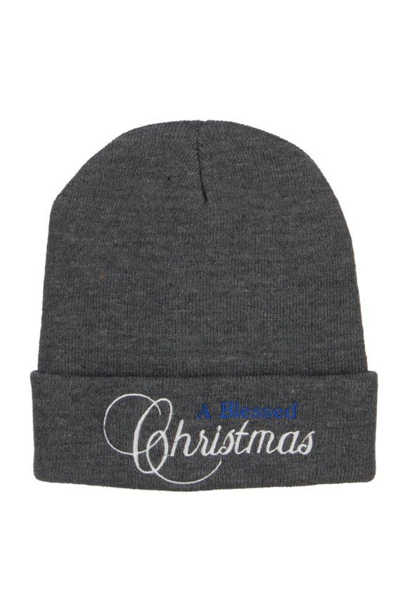 A Blessed Christmas Embroidered Long Beanie - Dk Grey OSFM