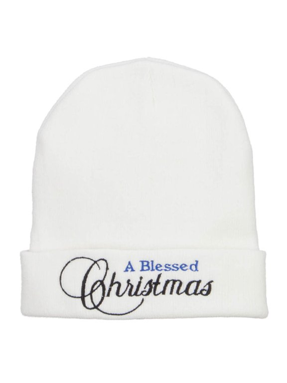 A Blessed Christmas Embroidered Long Beanie - White OSFM