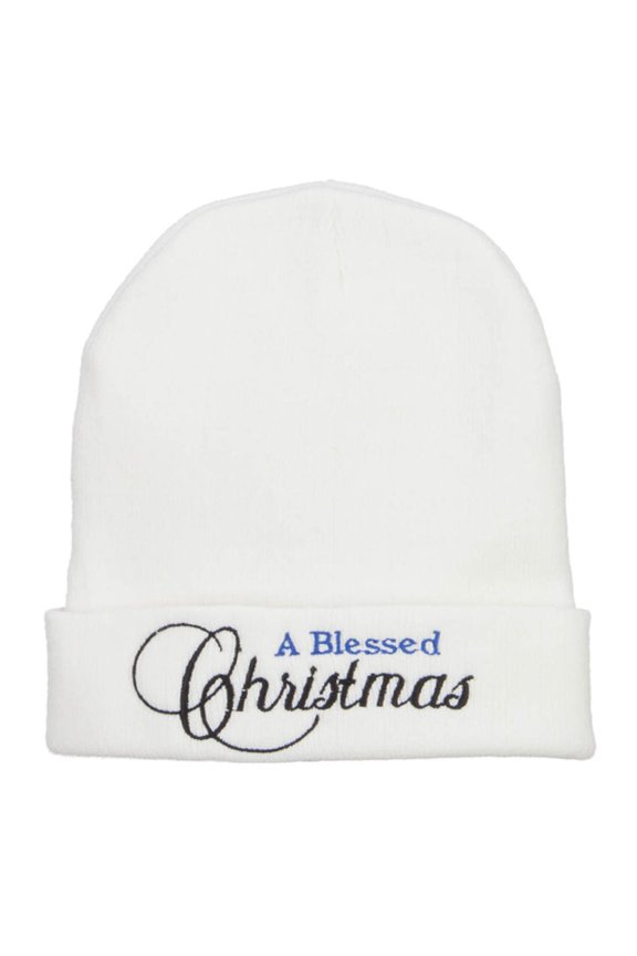 A Blessed Christmas Embroidered Long Beanie - White OSFM