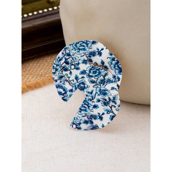 A Blue Ceramic Floral Fan-Shaped Brooch, Vintage Chinese Style Enamel Pin For Scarves Jackets