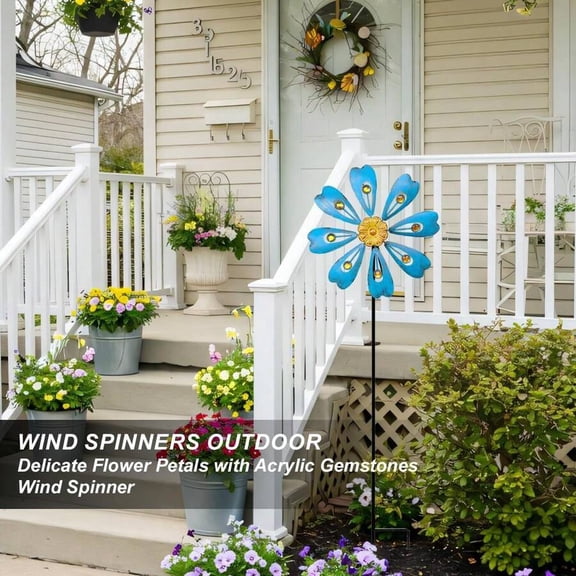 A-Blue Flowers Metal Wind Spinner With Acrylic Gemstone Petals, 360 °   Rotating Outdoor Yard Art Decor