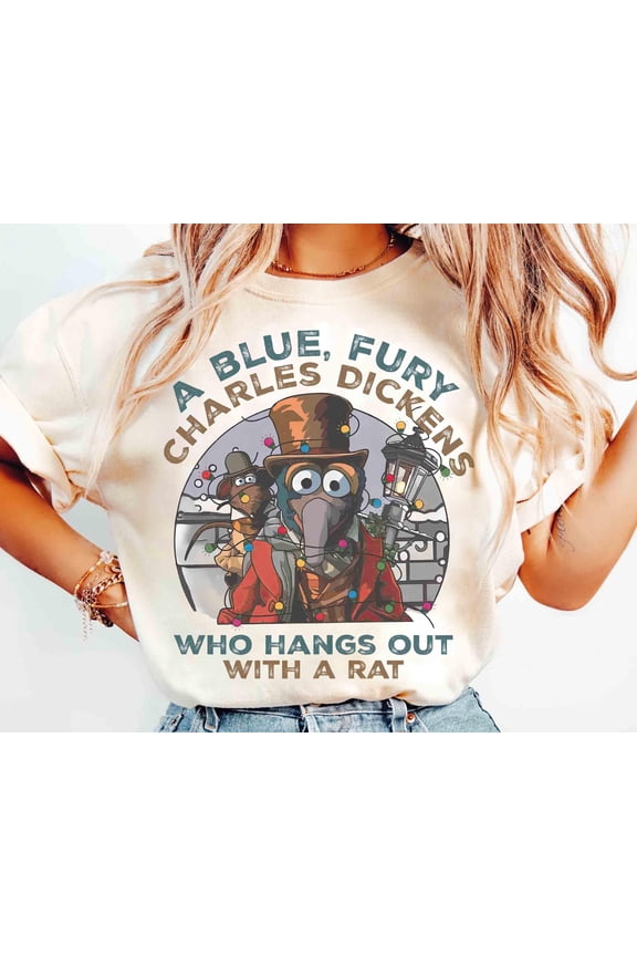 A Blue Furry Charles Dickens Who Hangs Out With A Rat Shirt, The Muppet Christmas Carol Gonzo & Rizzo The Rat Tee, Disney Family Xmas Party