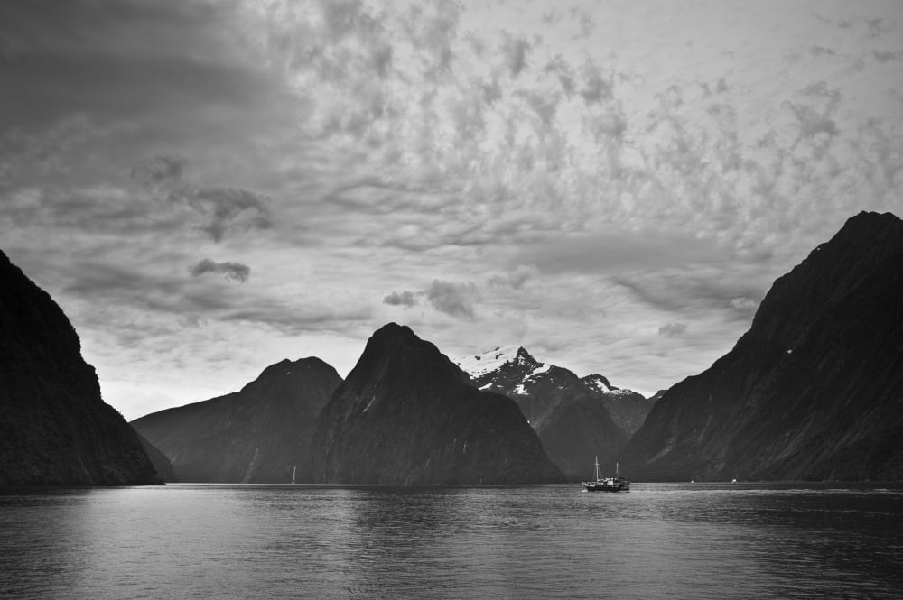 A Boat In The Water Along The Coast Surrounded By Mountains Milford Sound South Island New Zealand Canvas Art - David DuChemin Design Pics (19 x 12)