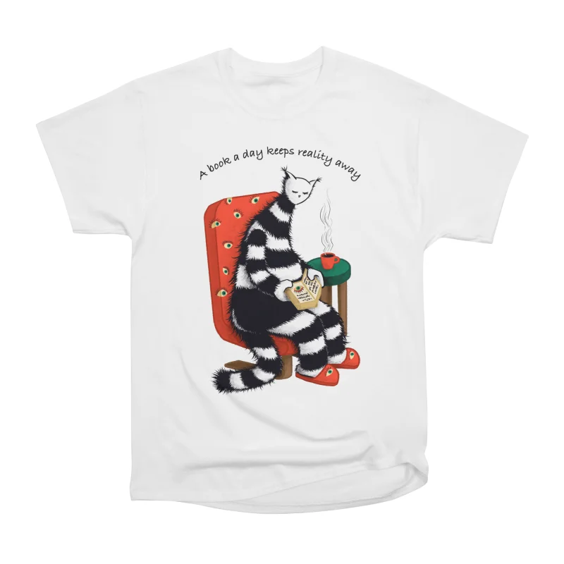 A Book A Day Keeps Reality Away Reading Cat Lover Art T-Shirt Tee Gift ...