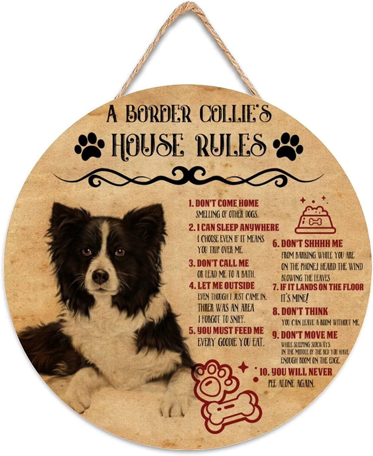 A Border Collie's House Rules Wood Sign for Front Door, Rustic Dog