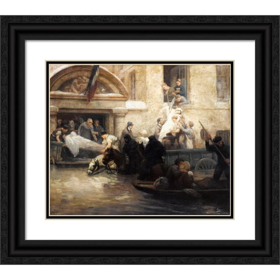 A. Boulanger 14x12 Black Ornate Wood Framed Double Matted Museum Art Print Titled: Rescue of Patients at the Charity Hospital During the 1910 Flood (1910)