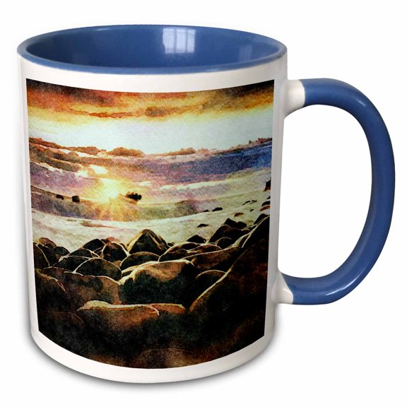 3drose, a Boulder Beach at Sunset Image of Watercolor Painting, 11oz Two-tone Blue Mug