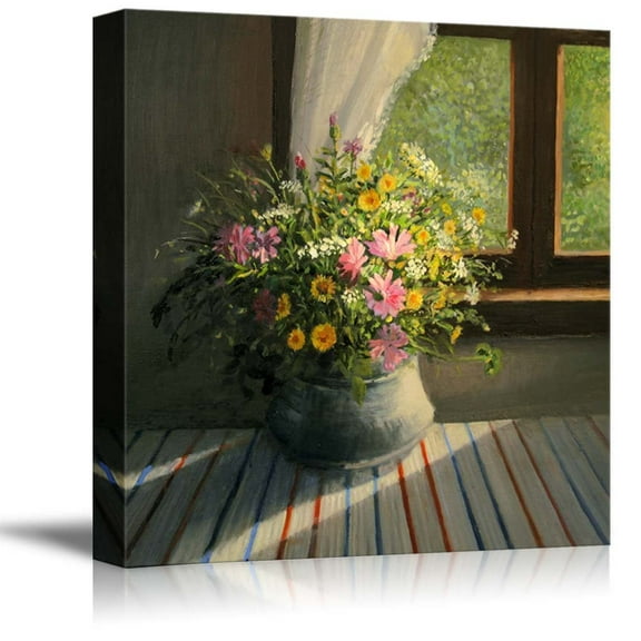 A Bouquet of Wild Field Flowers Caressed by a Sunbeam Trough The Window in Oil Painting Style - Canvas Art Wall Art - 16" x 16"
