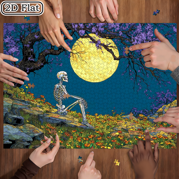 A Box of 1000pcs Adult Mini Jigsaw Puzzle Featuring a Moonlit Skeleton Design, High Difficulty, Suitable for Adults. 29.4*19.6 in