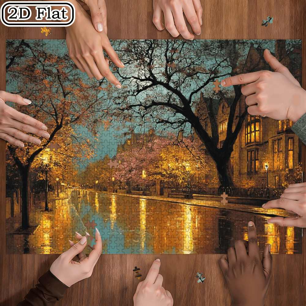 A Box of (1000pcs) Adult Puzzles, with Light Rain Cherry Lane Design, Challenging, Suitable for Adults, Family Entertainment. 29.4*19.6 in