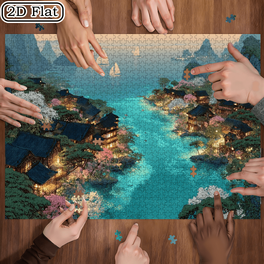 A Box of (1000pcs) Adult Puzzles, with Yanshui Ancient Residence Design, High Difficulty, Suitable for Adults, Family Entertainment. 29.4*19.6 in