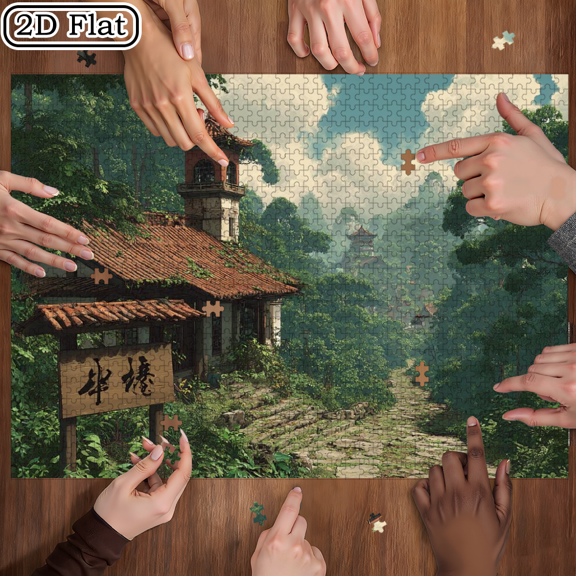 A Box of (1000pcs) Puzzles, with Forest Path Hidden Ancient House Design, Challenging, Suitable, Family Entertainment, Home Decoration. 29.4*19.6 in