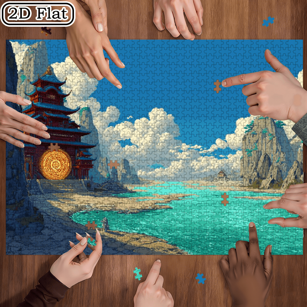 A Box of (1000pcs) Puzzles, with Seaside Immortal Gate Design, High Difficulty, Suitable, Family Entertainment, Home Decoration. 29.4*19.6 in