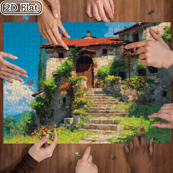 A Box of (1000pcs) Puzzles, with Stone Steps Hidden House Design, Challenging, Suitable, Family Entertainment, Home Decoration. 29.4*19.6 in