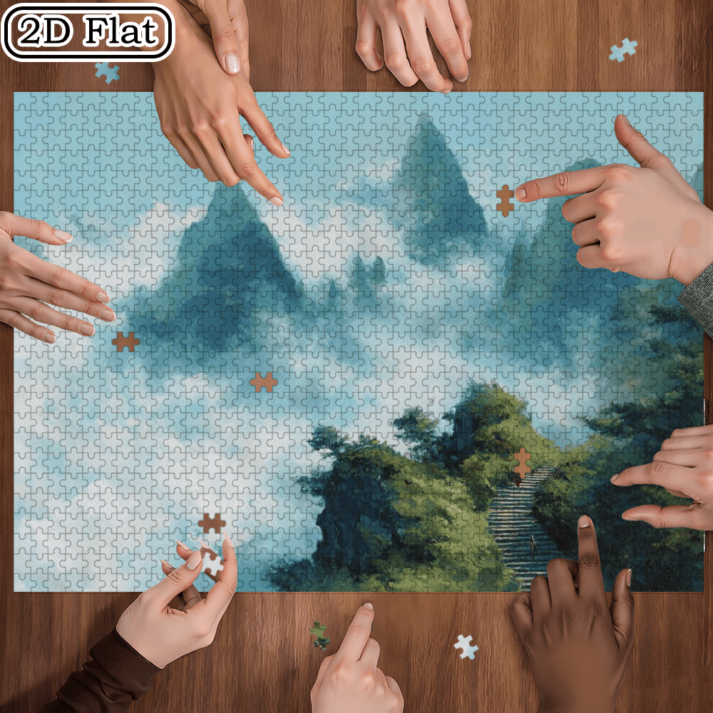 A Box of (1000pcs) Puzzles, with Yunjie Mountain Pavilion Design, High Difficulty, Suitable, Family Entertainment, Home Decoration. 29.4*19.6 in