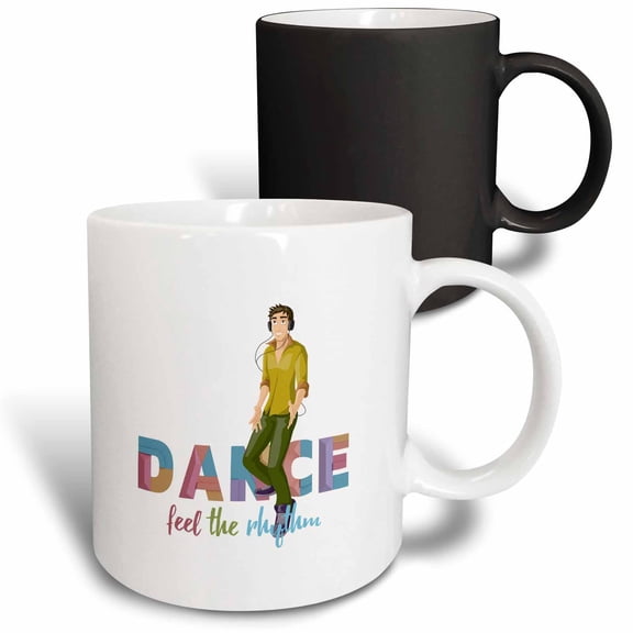 3drose, a Boy in Headphones Dances. Dance, Feel the Rhythm Text on White, 11oz Magic Transforming Mug
