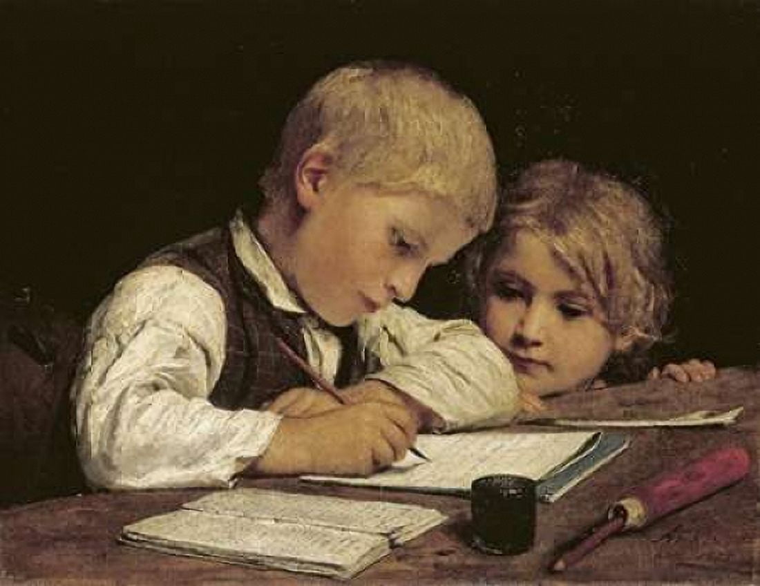 A Boy Writing Canvas Art - Albert Anker (22 x 28)