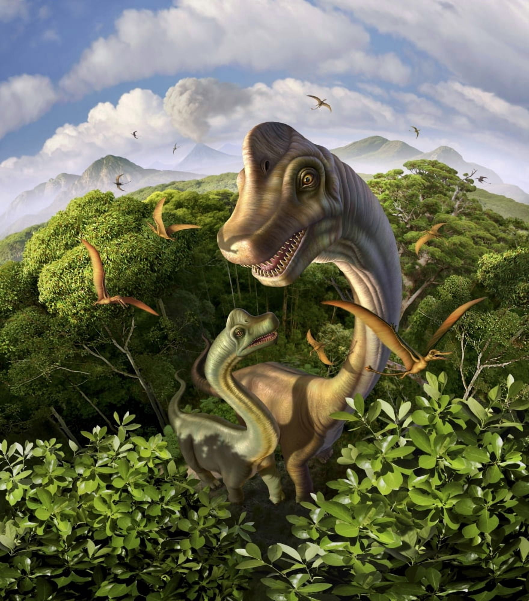 A Brachiosaurus with young above the treetops surrounded by pterodactyls Canvas Art - Jerry LoFaroStocktrek Images (27 x 31)