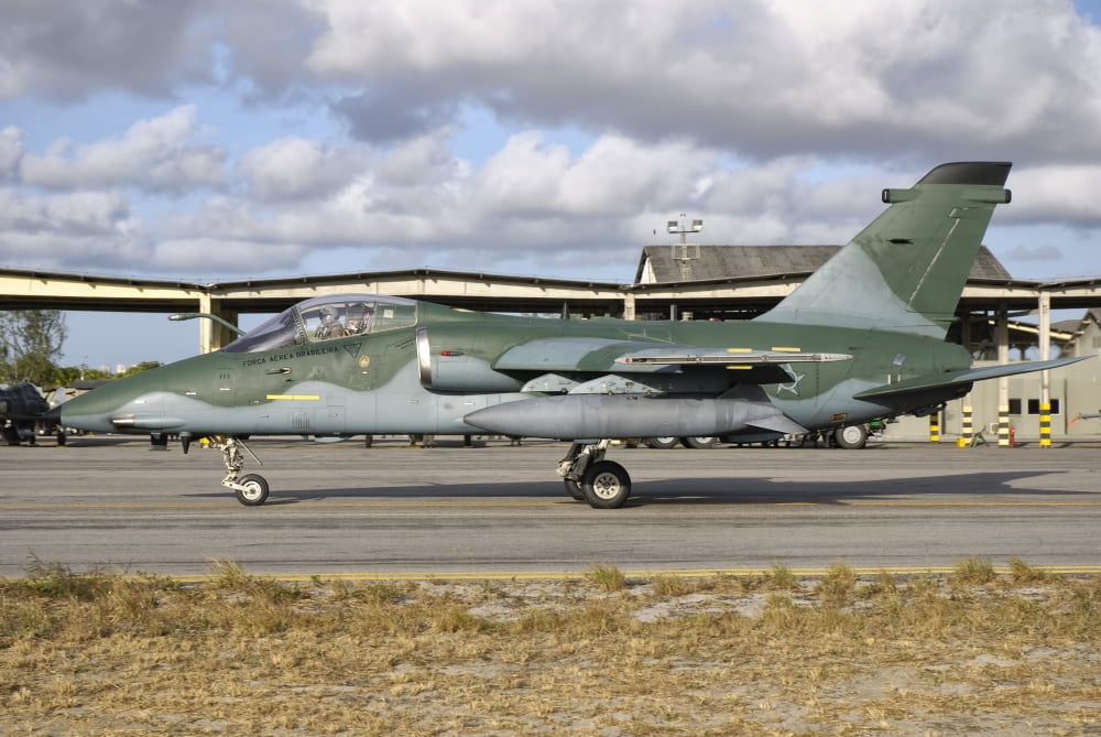 A Brazilian Air Force Embraer A-1A aircraft at Natal Air Force Base Brazil Canvas Art - Giovanni CollaStocktrek Images (35 x 24)