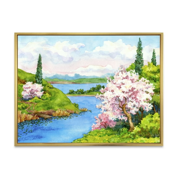 A Bright Blue Sky Over Spring Landscape 20 in x 12 in Framed Painting Canvas Art Print, by Designart