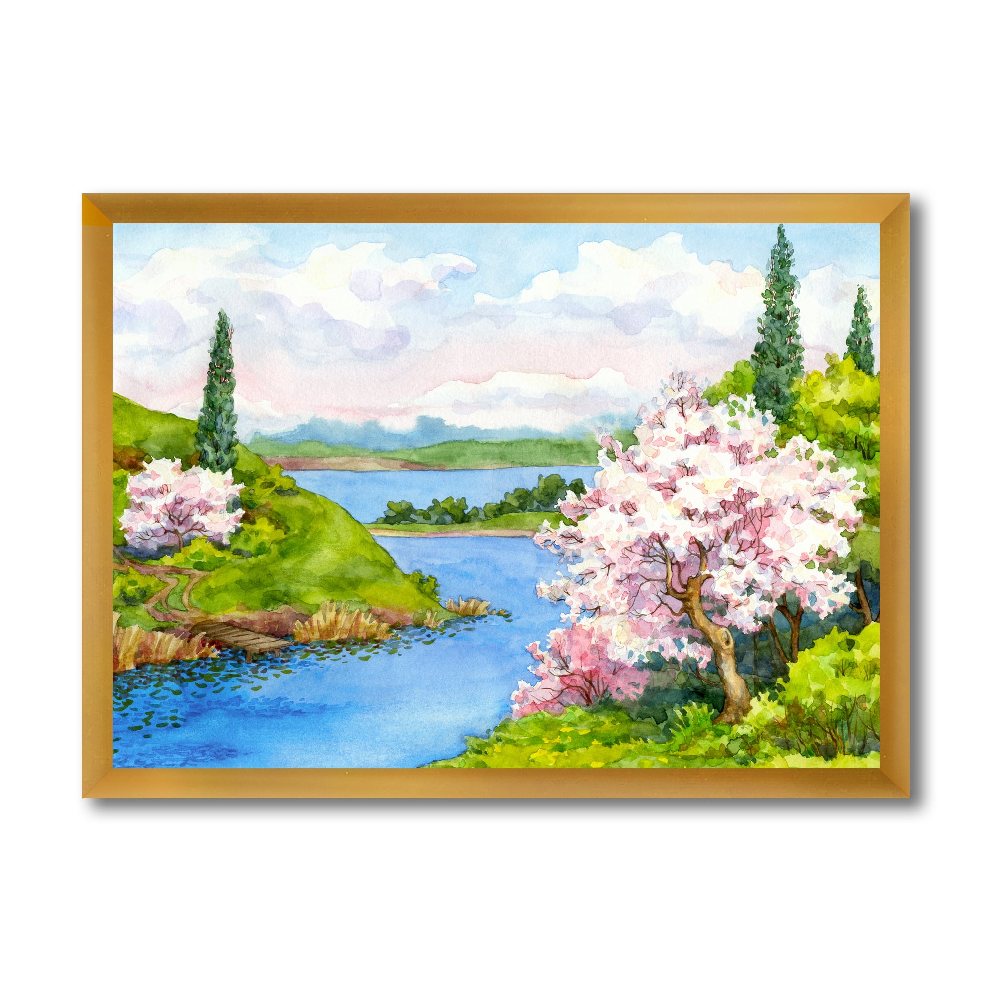 A Bright Blue Sky Over Spring Landscape 32 in x 16 in Framed Painting Canvas Art Print, by Designart
