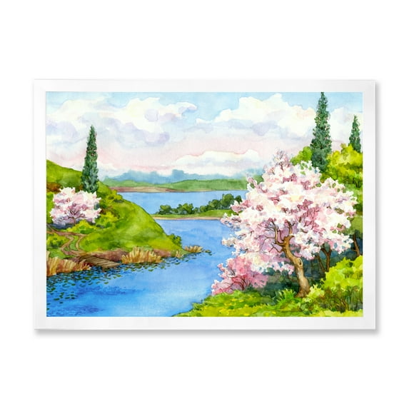 A Bright Blue Sky Over Spring Landscape 32 in x 24 in Framed Painting Canvas Art Print, by Designart