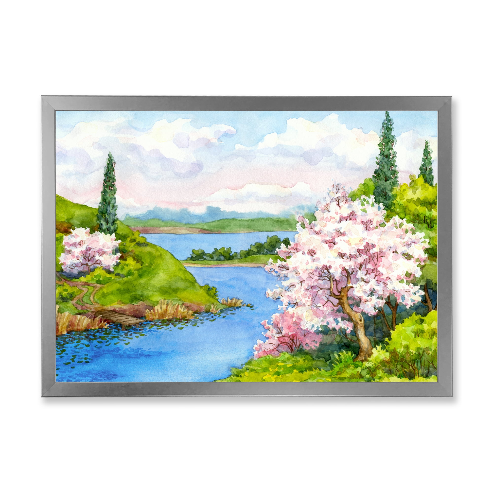 A Bright Blue Sky Over Spring Landscape 40 in x 30 in Framed Painting Canvas Art Print, by Designart