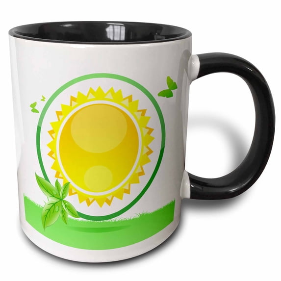 3drose, a Bright Yellow Sun Wrapped in Green with Green Leaves and Butterflies, 15oz Two-tone Black Mug