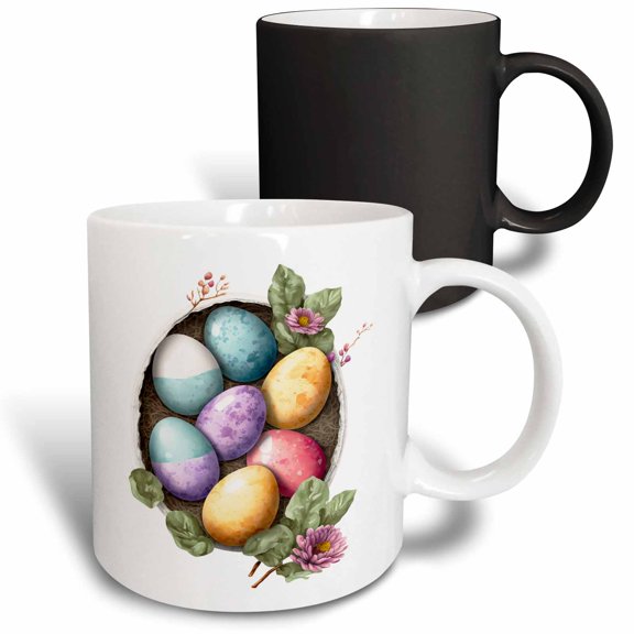 3drose, a Broken Egg Nest with Easter Eggs and Flowers Illustration, 11oz Magic Transforming Mug