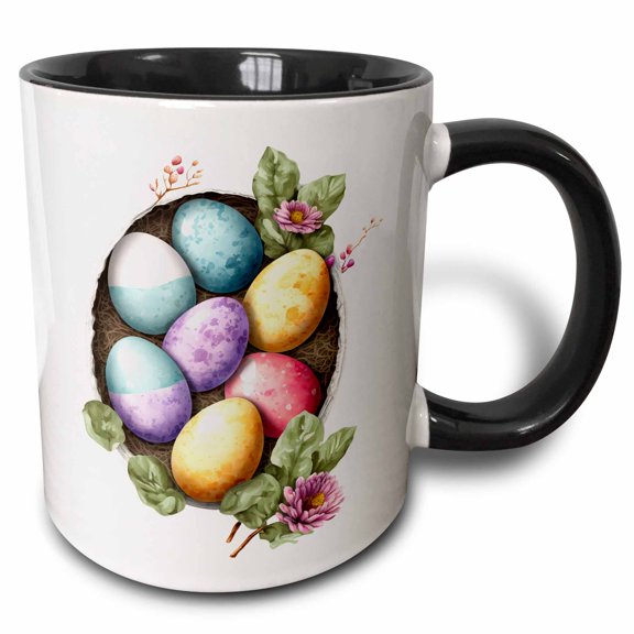 3drose, a Broken Egg Nest with Easter Eggs and Flowers Illustration, 11oz Two-tone Black Mug