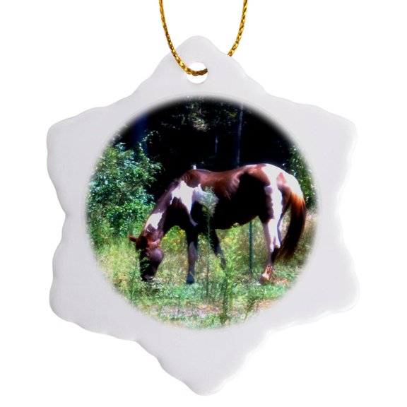 3drose, a Brown and White Horse Grazing, 3 inch Snowflake Porcelain Ornament