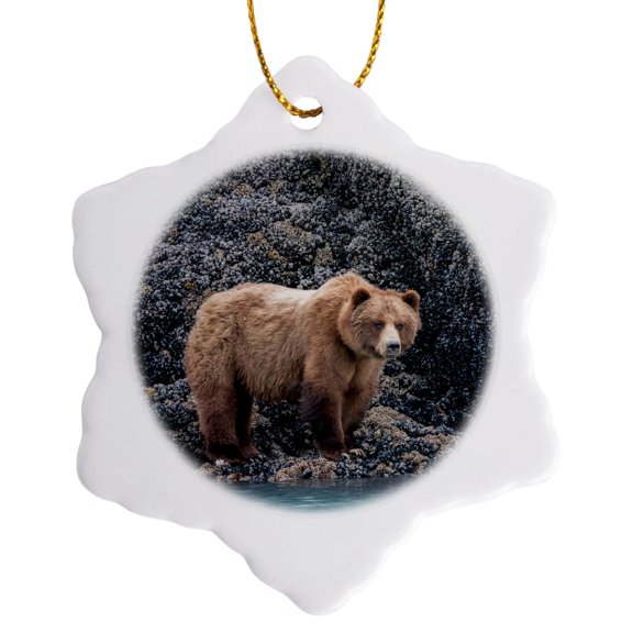 3drose, a Brown Bear Looking for Food at Low Tide, Muir Inlet, Glacier Bay., 3 inch Snowflake Porcelain Ornament